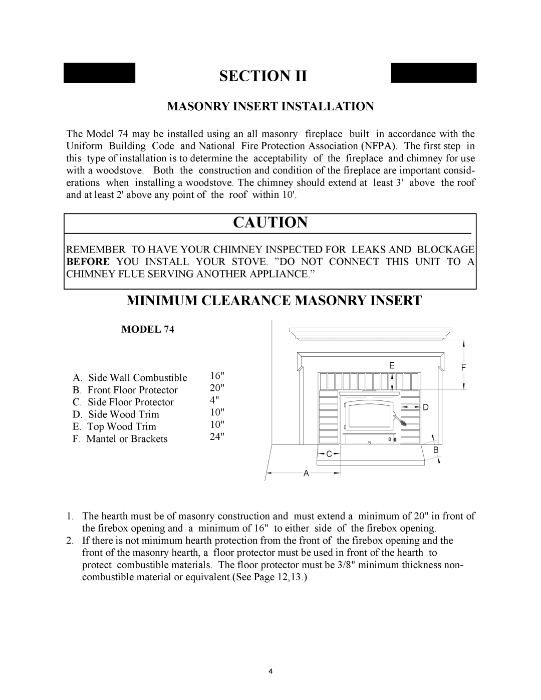 New Buck Corporation 74 Minimum Clearance Masonry Insert, Masonry Insert Installation, Model, Section 