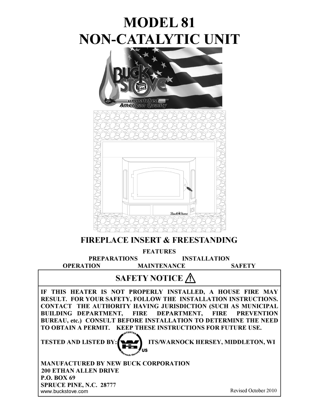 New Buck Corporation 81 installation instructions Model NON-CATALYTIC Unit 