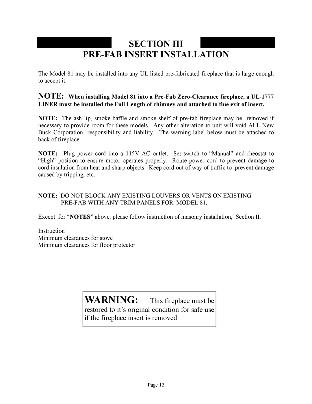 New Buck Corporation 81 installation instructions Section PRE-FAB Insert Installation 