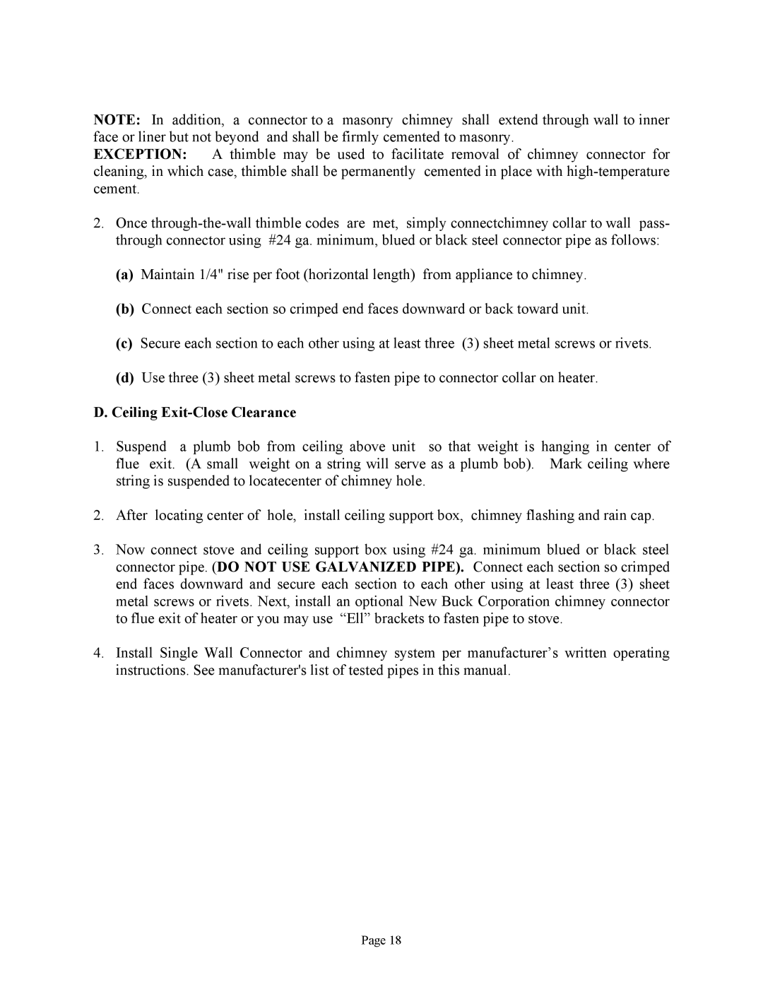 New Buck Corporation 81 installation instructions Ceiling Exit-Close Clearance 