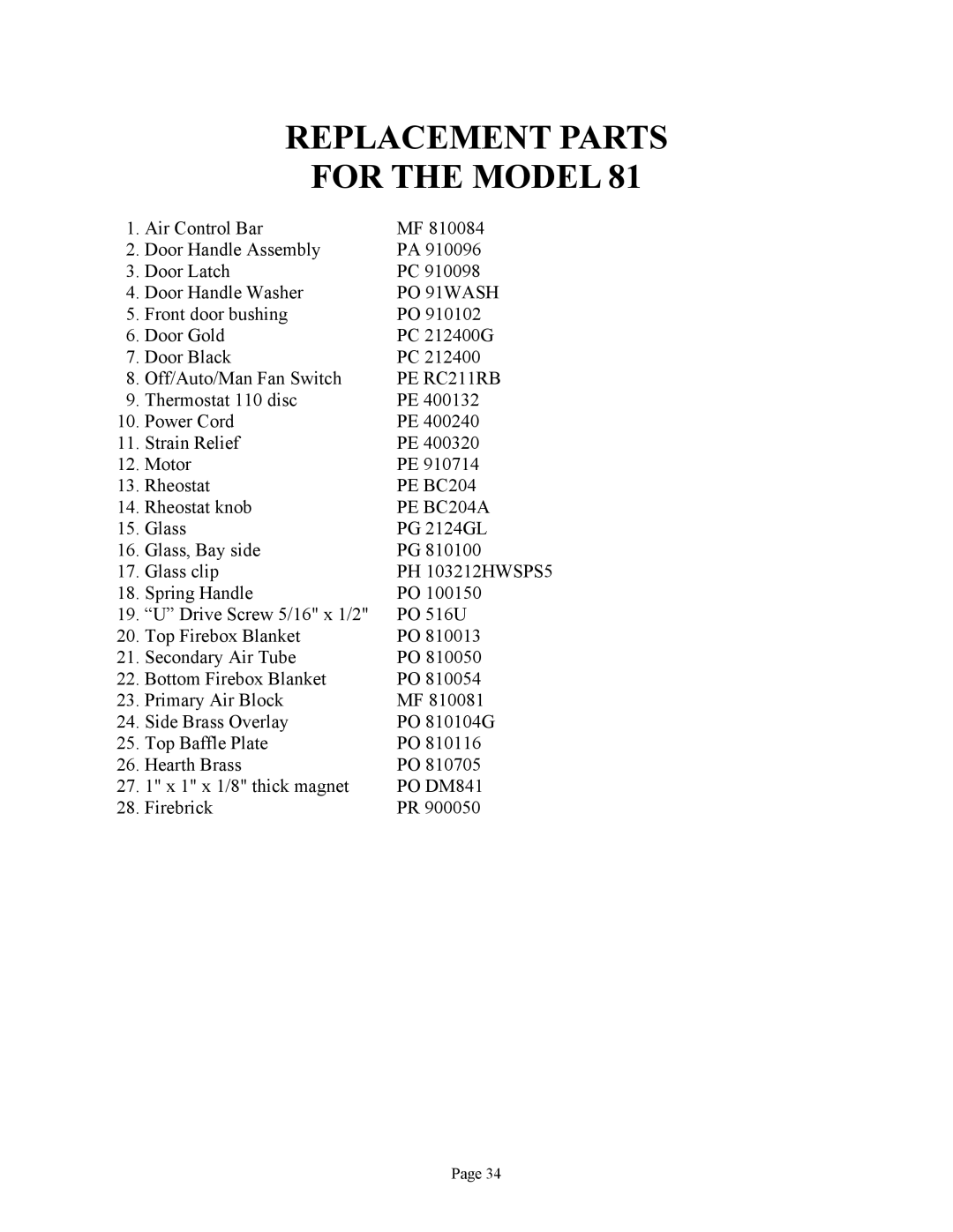 New Buck Corporation 81 installation instructions Replacement Parts For the Model 