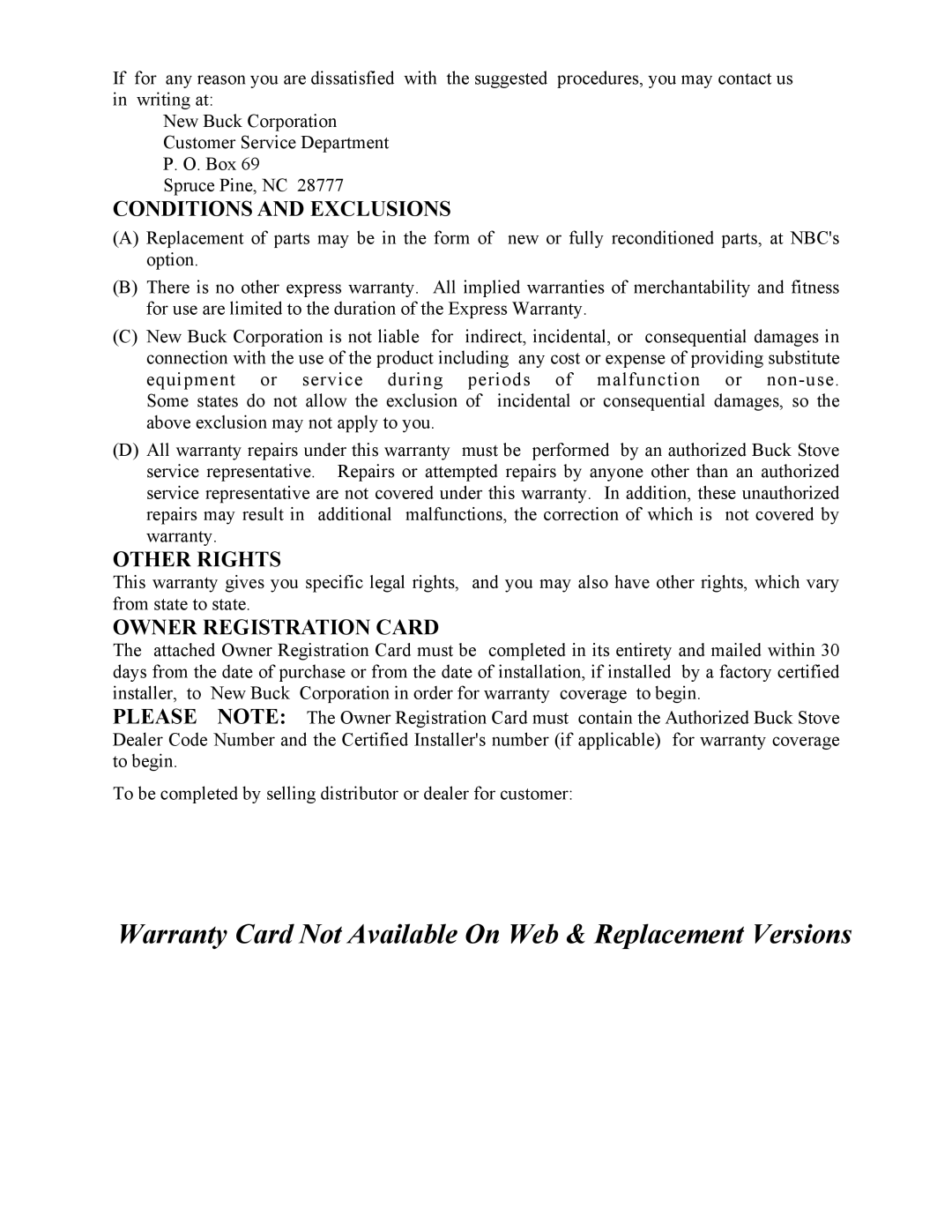 New Buck Corporation 81 installation instructions Conditions and Exclusions, Other Rights, Owner Registration Card 