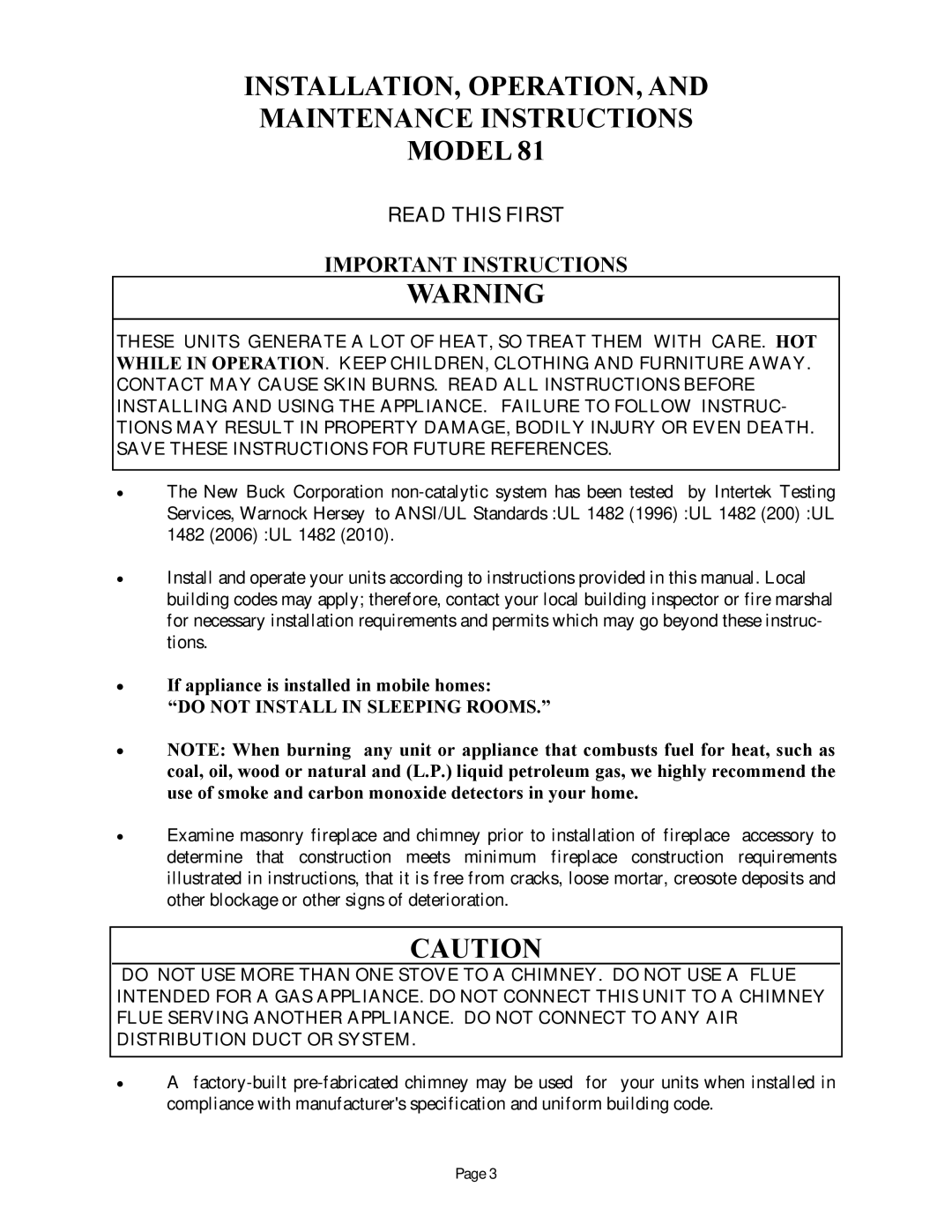 New Buck Corporation 81 INSTALLATION, OPERATION, Maintenance Instructions Model, Important Instructions 