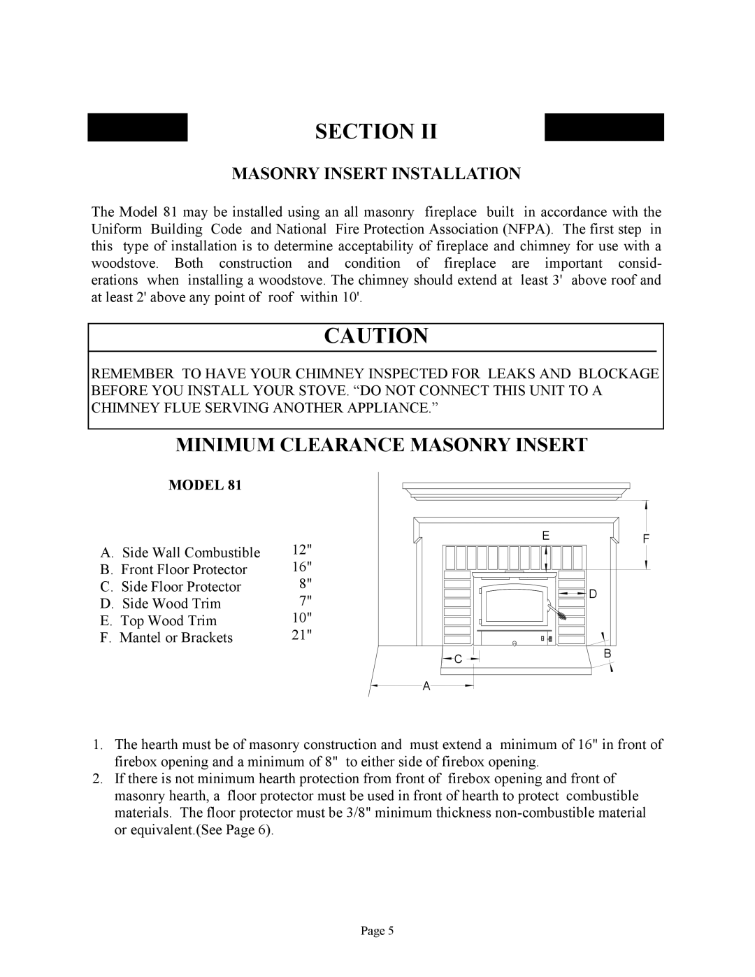 New Buck Corporation 81 installation instructions Minimum Clearance Masonry Insert, Masonry Insert Installation 