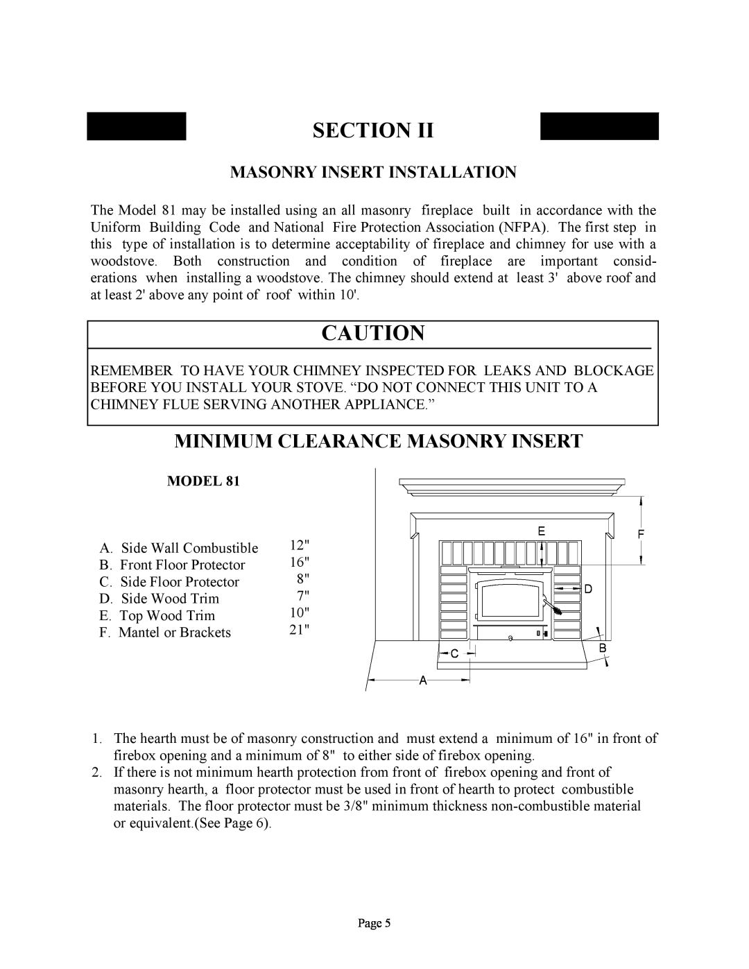 New Buck Corporation 81 installation instructions Minimum Clearance Masonry Insert, Masonry Insert Installation, Section 