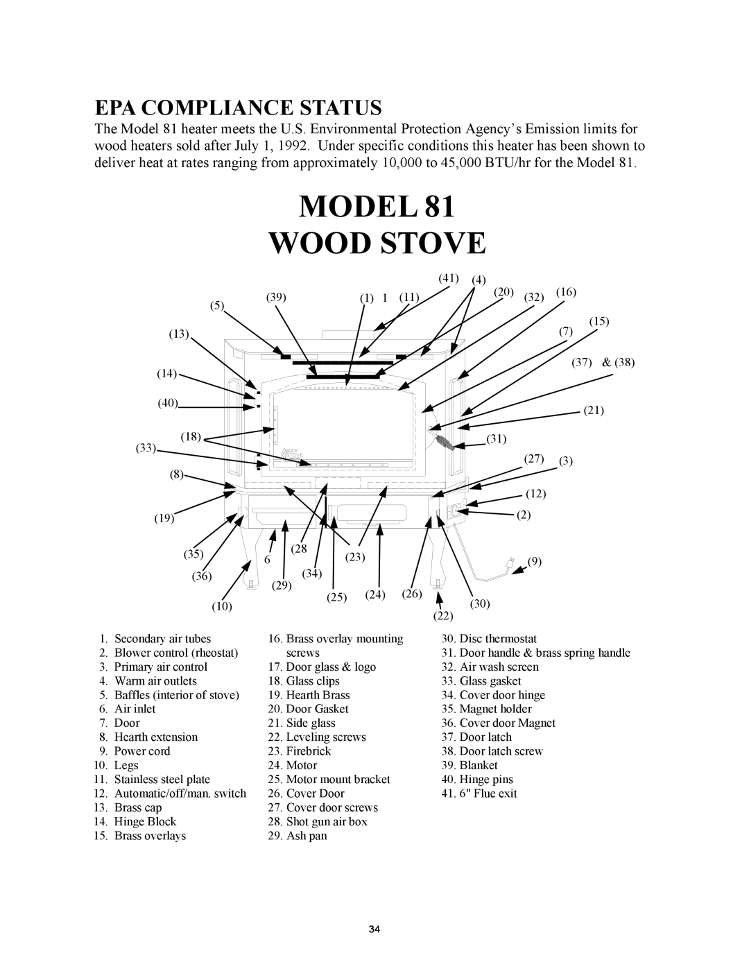 New Buck Corporation 81 installation instructions Epa Compliance Status, Model Wood Stove 