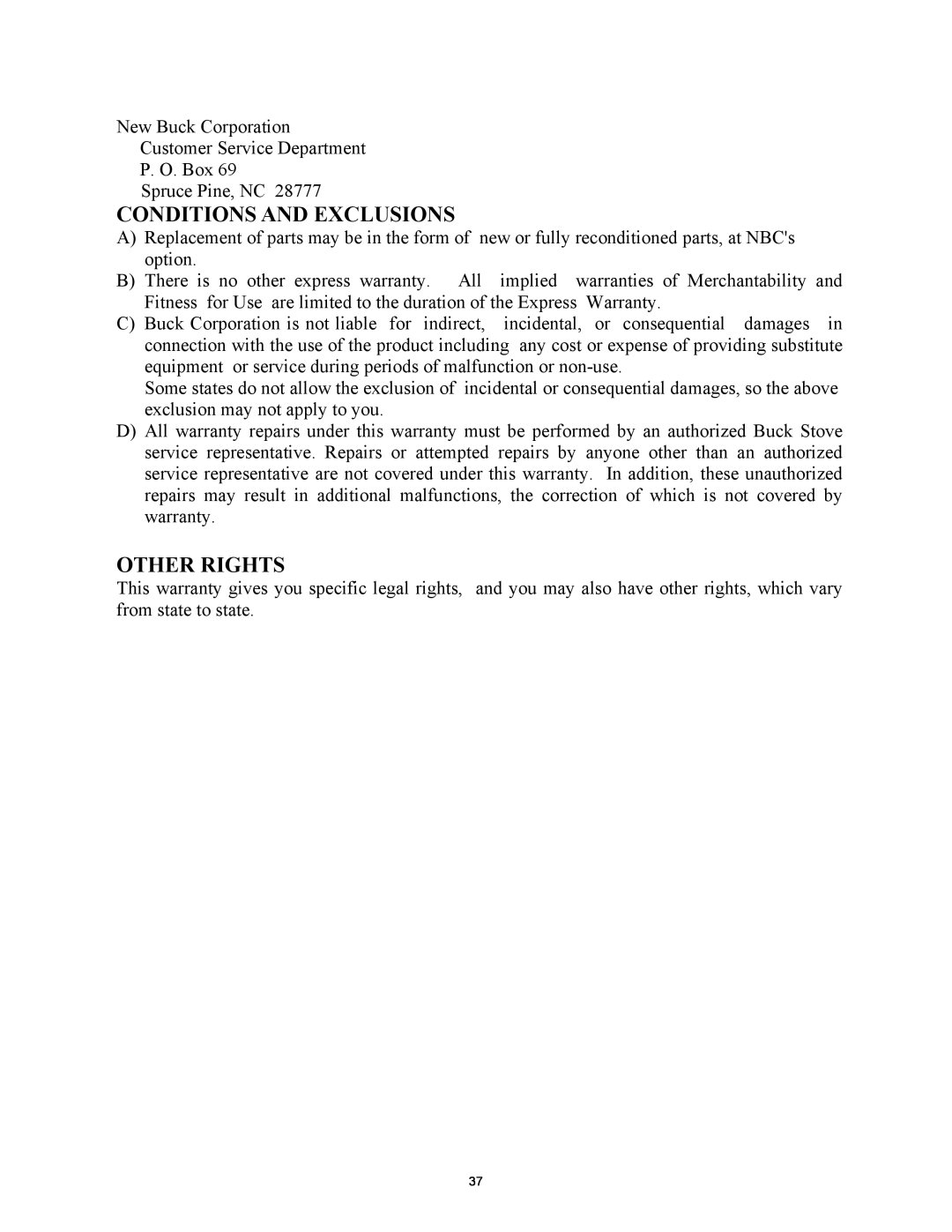 New Buck Corporation 81 installation instructions Conditions And Exclusions, Other Rights 