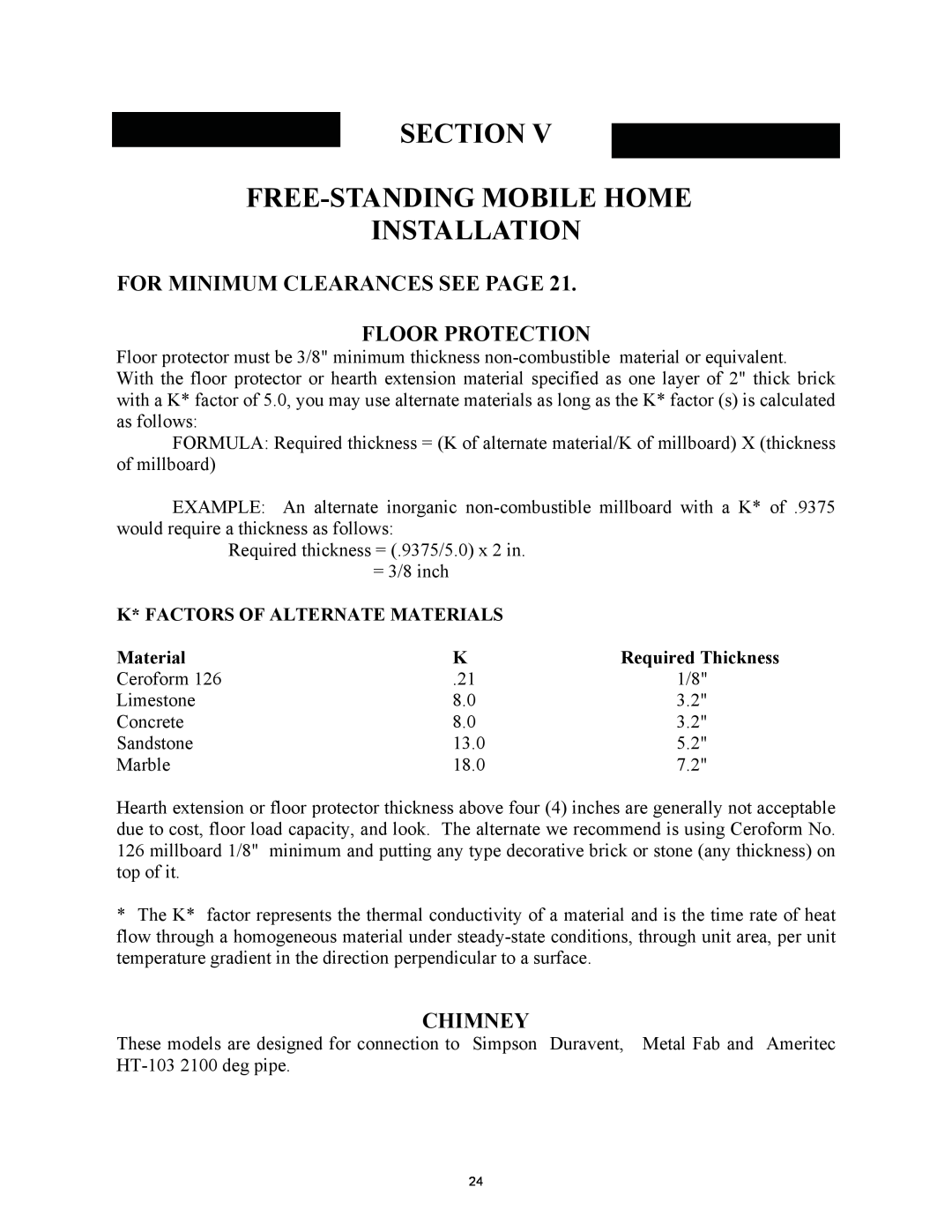 New Buck Corporation 85 Free-Standingmobile Home Installation, For Minimum Clearances See Page Floor Protection, Chimney 