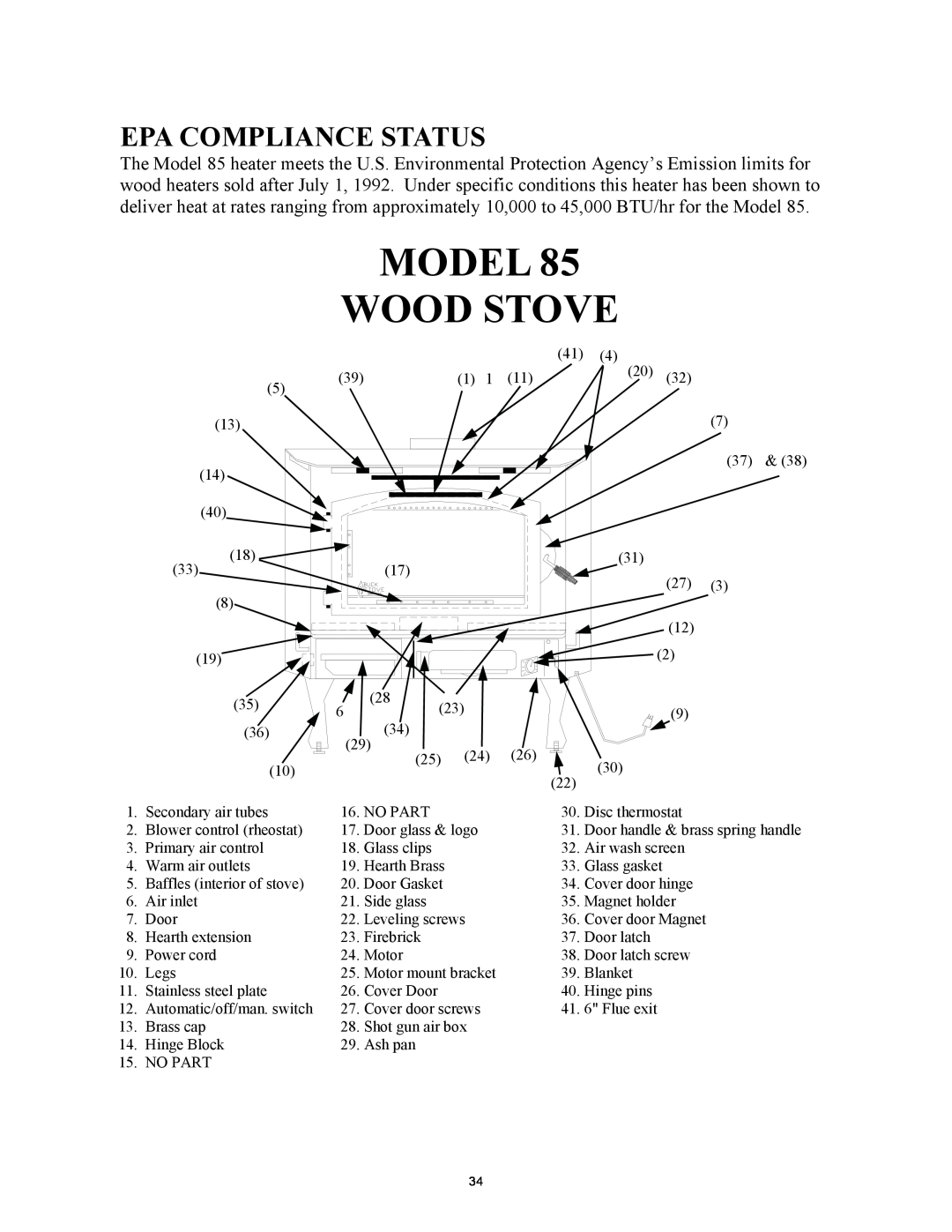 New Buck Corporation 85 installation instructions Epa Compliance Status, Model Wood Stove 