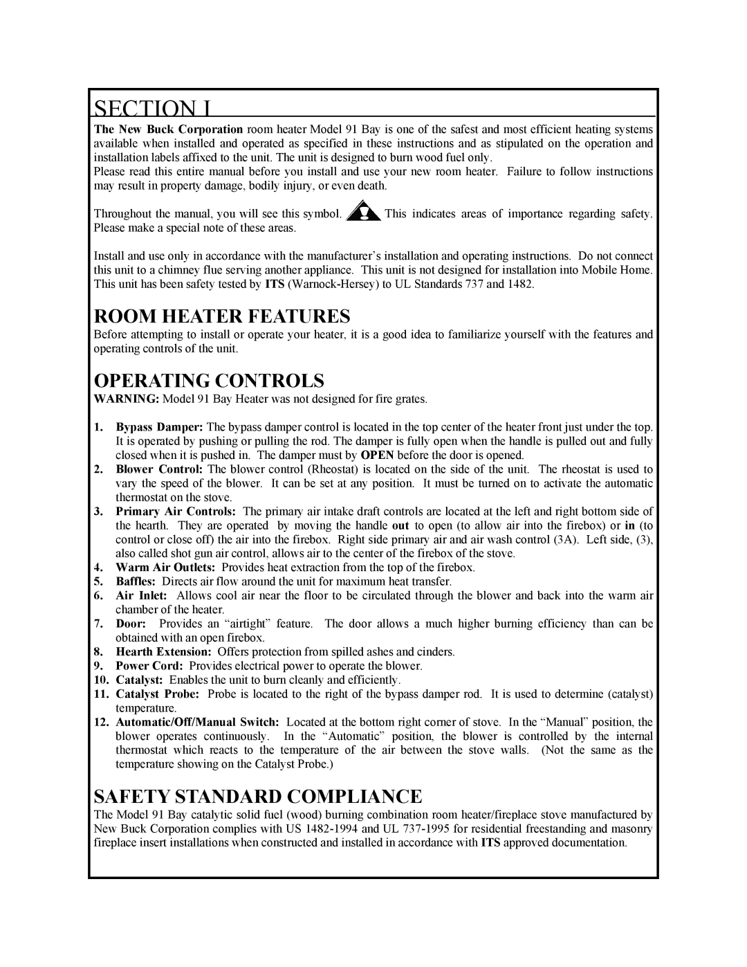 New Buck Corporation 91 manual Room Heater Features, Operating Controls, Safety Standard Compliance 