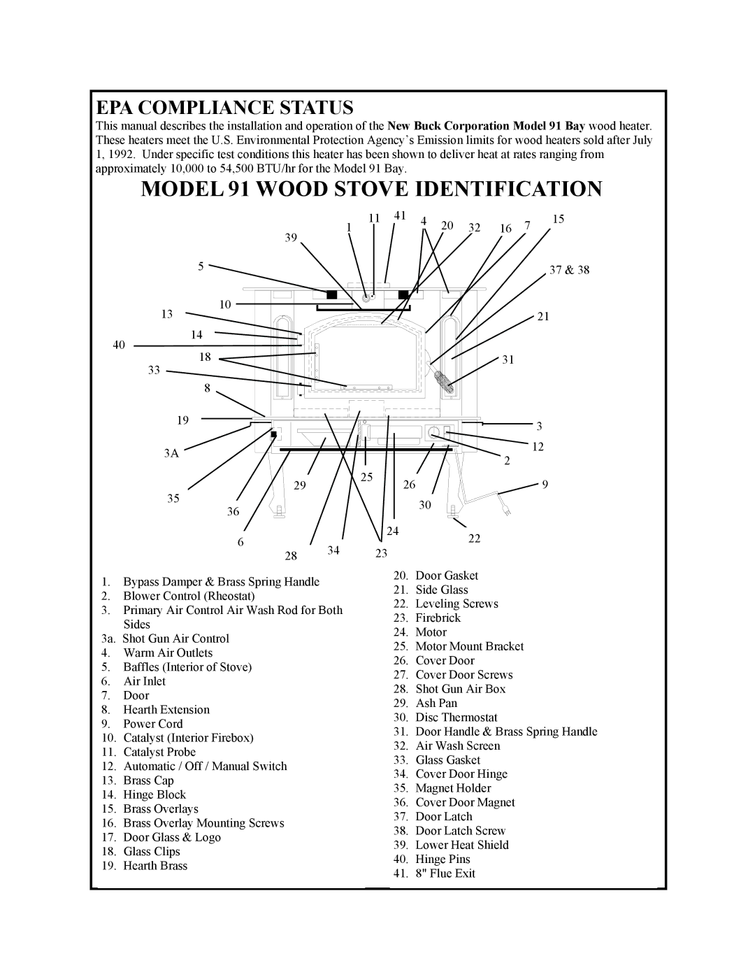 New Buck Corporation manual Model 91 Wood Stove Identification, EPA Compliance Status 