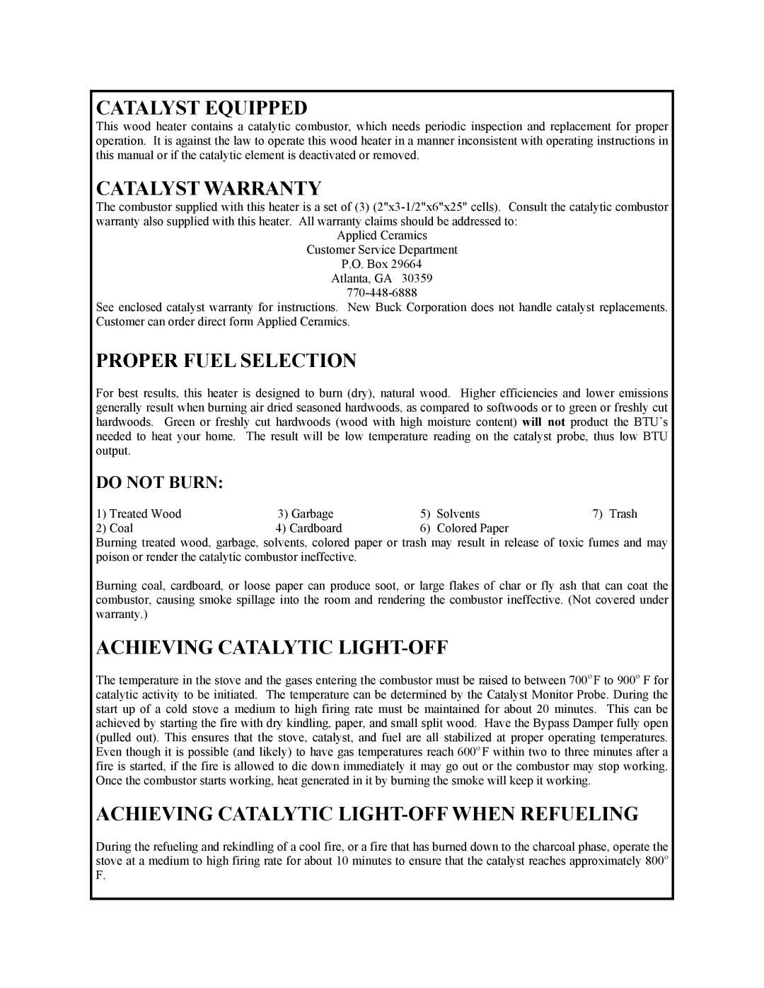 New Buck Corporation 91 manual Catalyst Equipped, Catalyst Warranty, Proper Fuel Selection, Achieving Catalytic LIGHT-OFF 