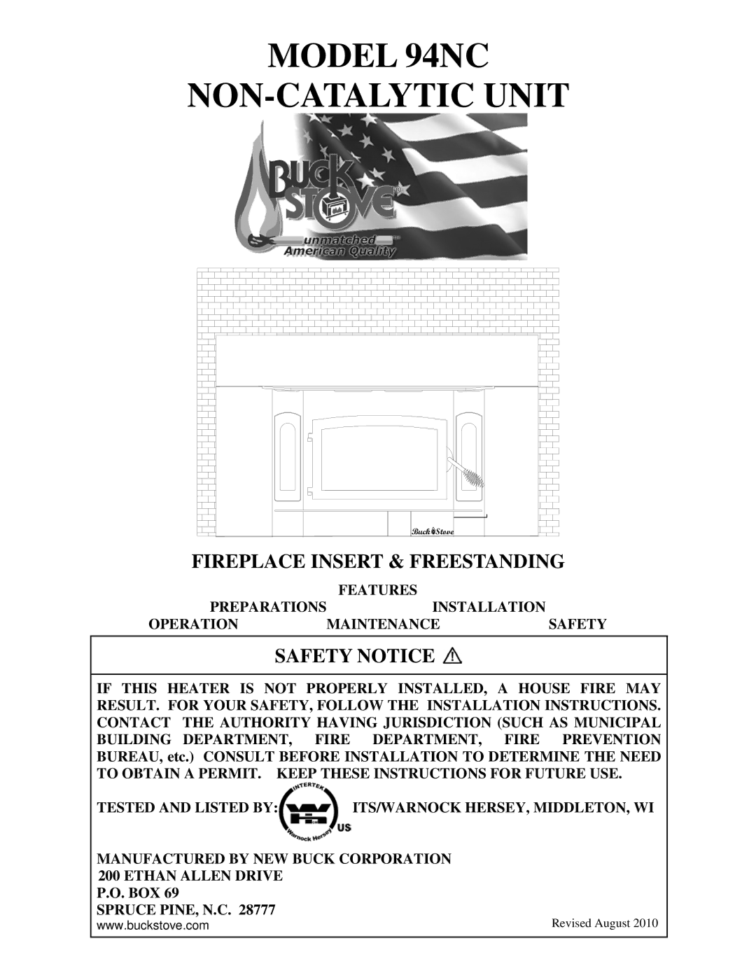 New Buck Corporation 94NC installation instructions Fireplace Insert & Freestanding, Safety Notice 