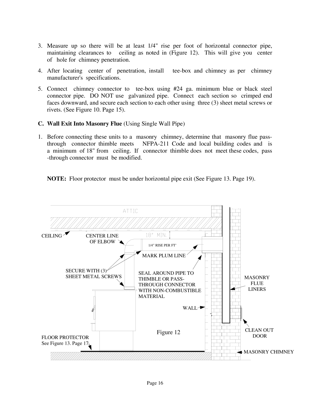 New Buck Corporation 94NC installation instructions Wall Exit Into Masonry Flue Using Single Wall Pipe 