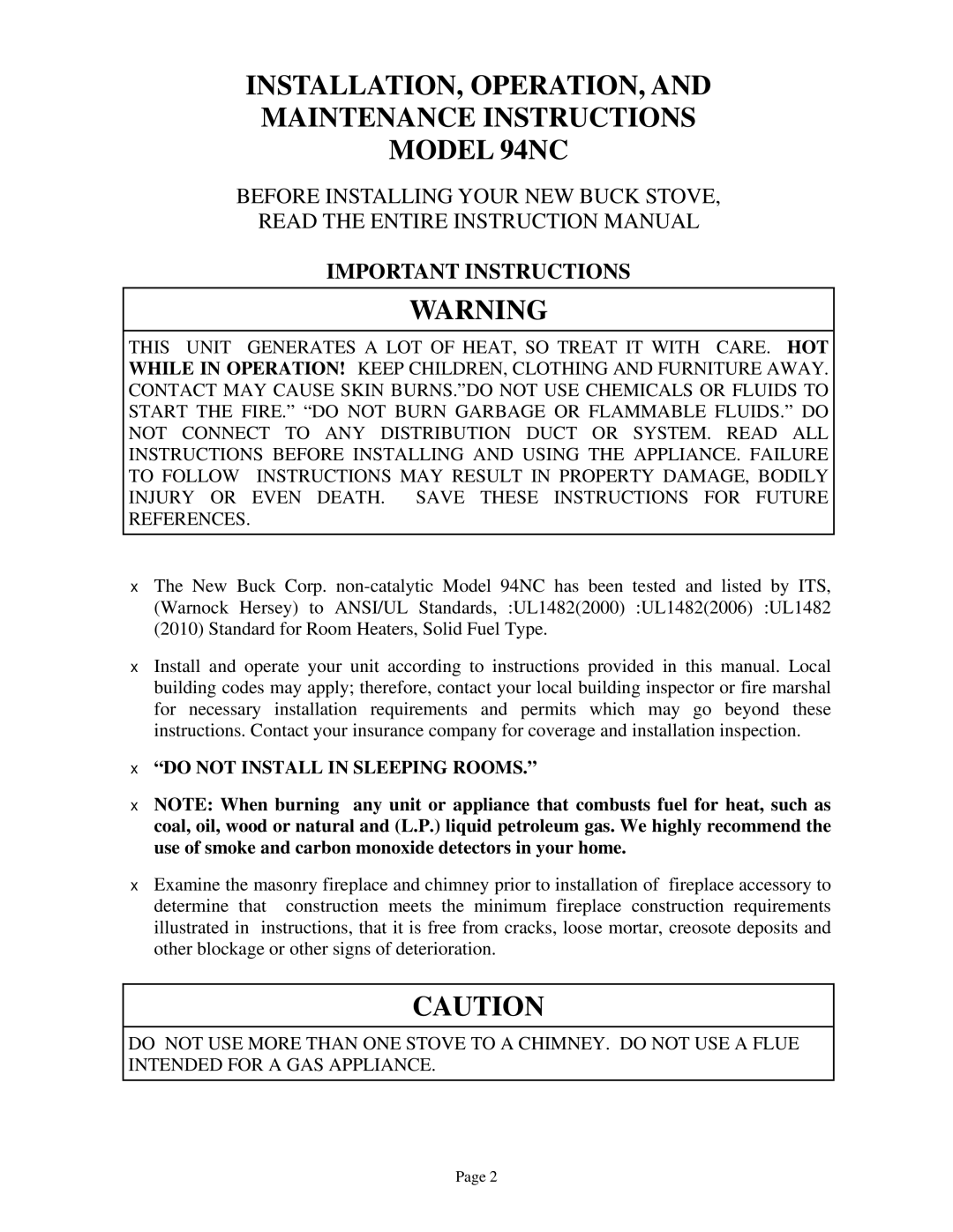 New Buck Corporation INSTALLATION, OPERATION, Maintenance Instructions Model 94NC, Important Instructions 