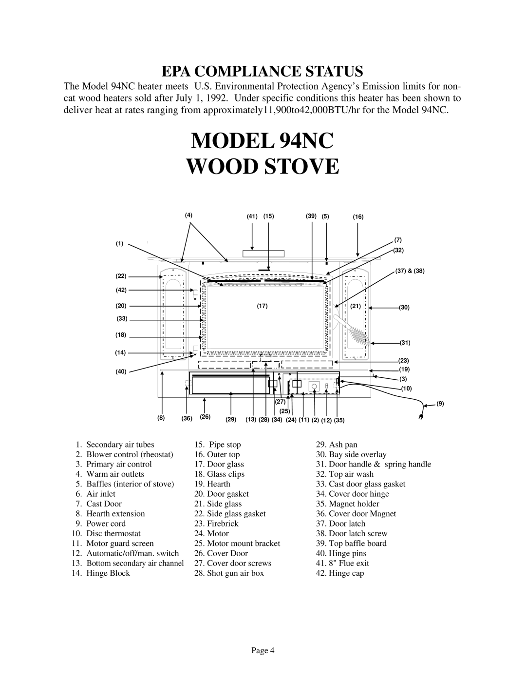 New Buck Corporation installation instructions Model 94NC Wood Stove, EPA Compliance Status 