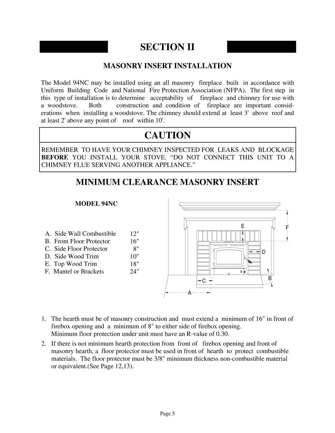 New Buck Corporation 94NC installation instructions Minimum Clearance Masonry Insert, Masonry Insert Installation 