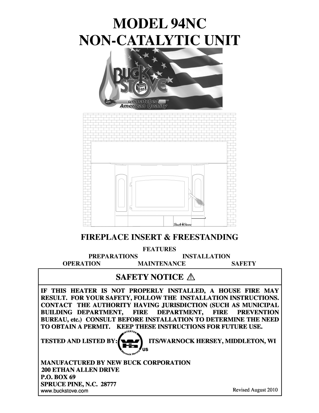 New Buck Corporation 94NC installation instructions Fireplace Insert & Freestanding, Safety Notice 