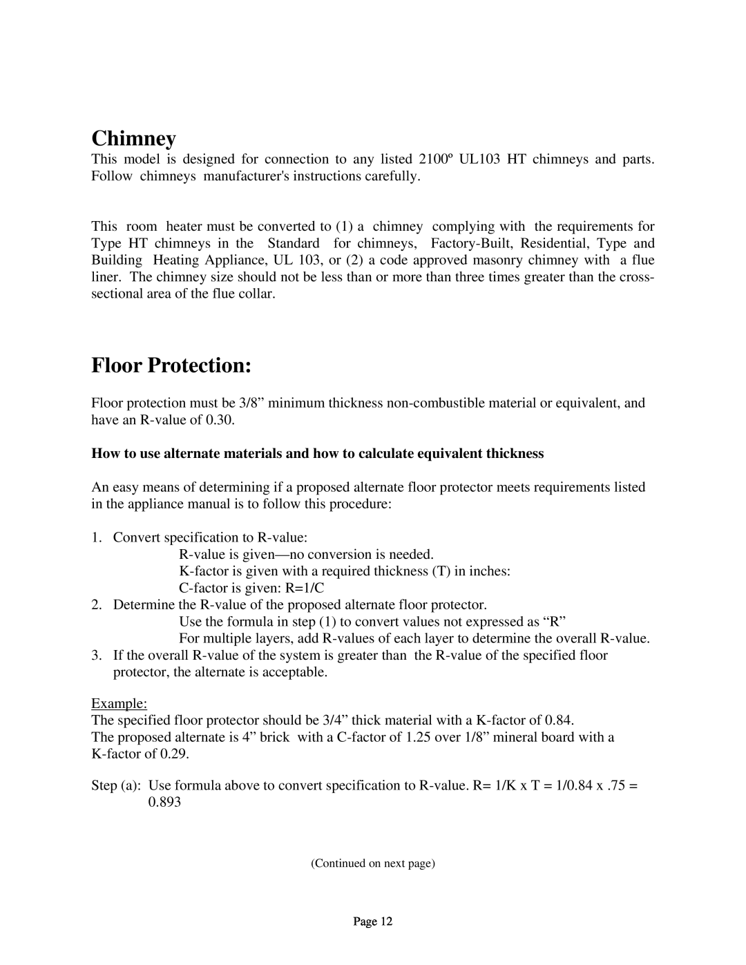 New Buck Corporation 94NC installation instructions Chimney, Floor Protection 