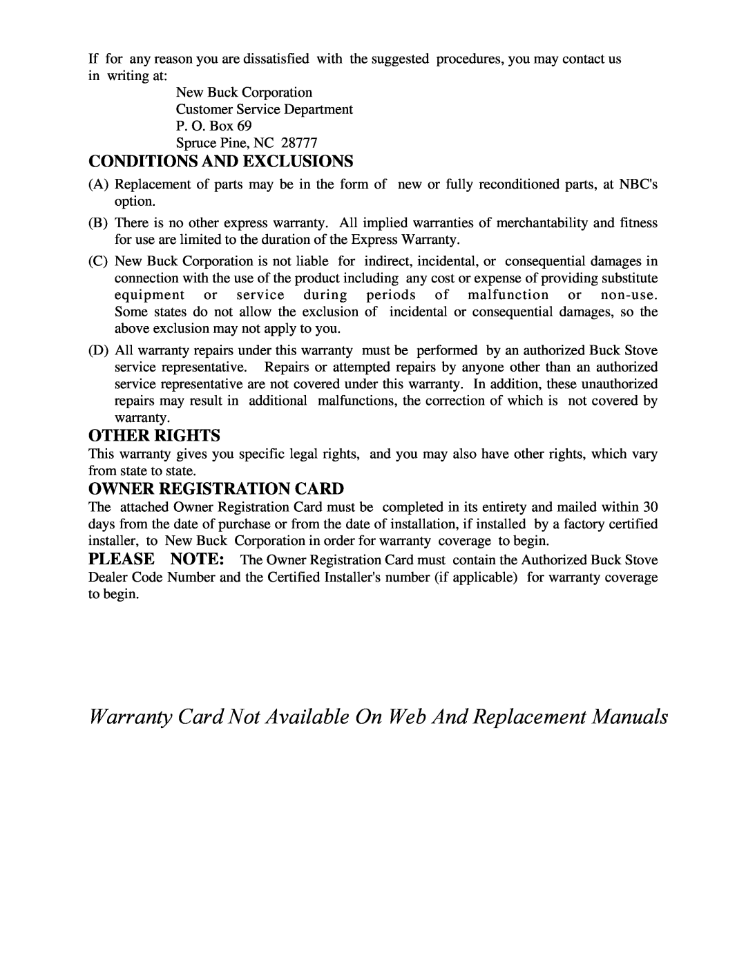 New Buck Corporation 94NC installation instructions Conditions And Exclusions, Other Rights, Owner Registration Card 