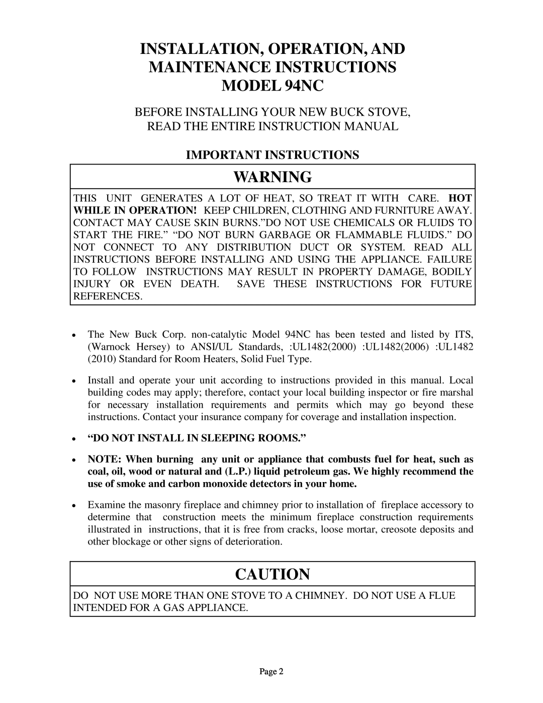 New Buck Corporation Installation, Operation, And, MAINTENANCE INSTRUCTIONS MODEL 94NC, Important Instructions 