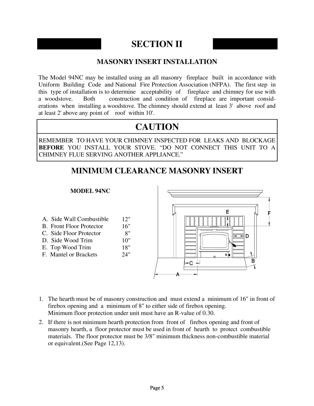 New Buck Corporation 94NC installation instructions Minimum Clearance Masonry Insert, Section, Masonry Insert Installation 