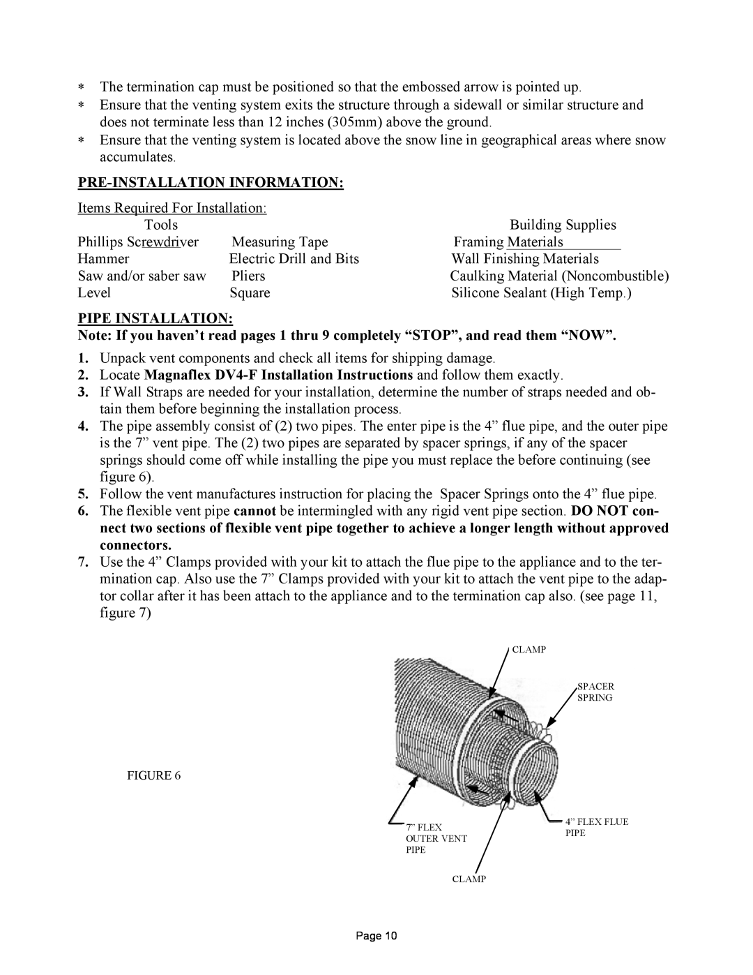 New Buck Corporation DV1000 manual Pre-Installationinformation, Pipe Installation 