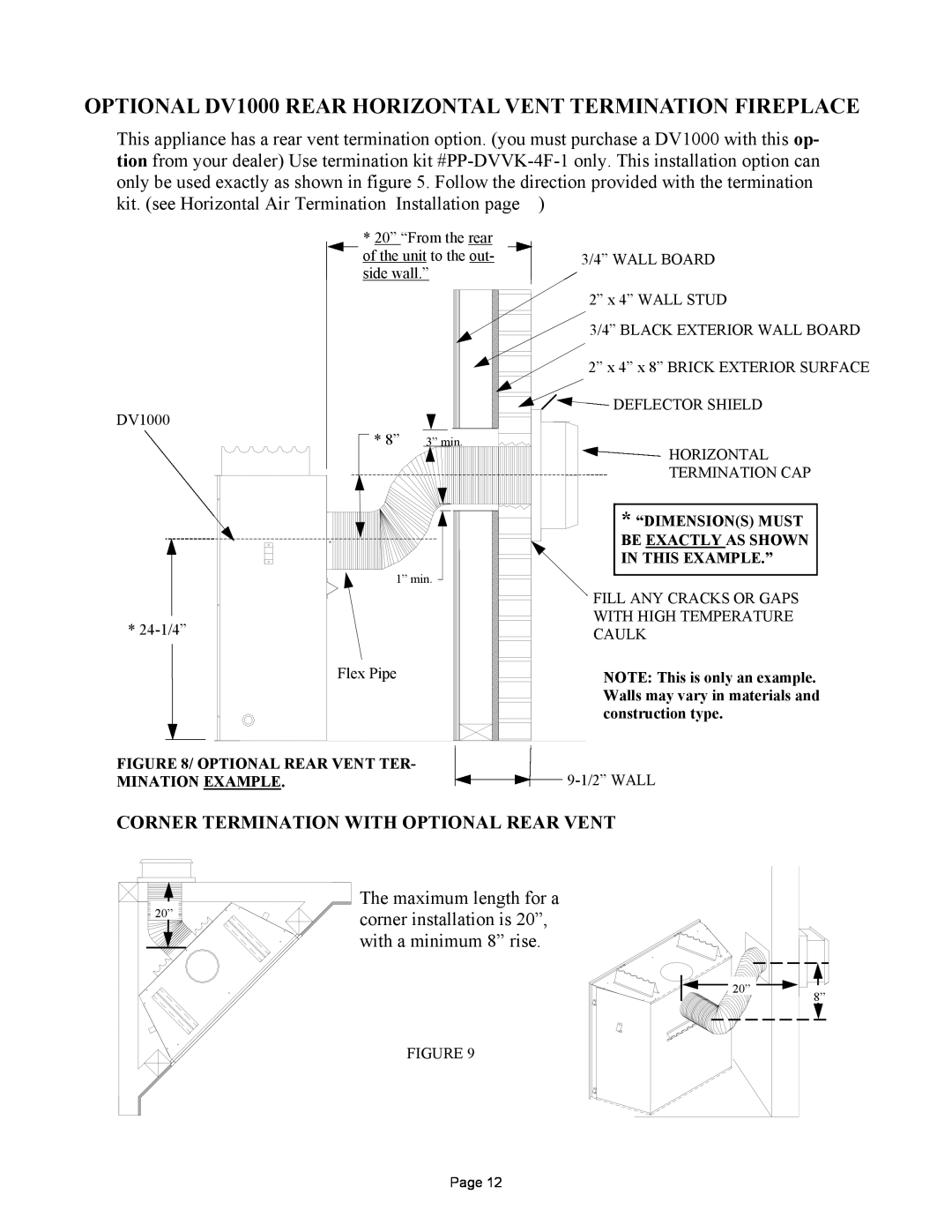 New Buck Corporation DV1000 manual Corner Termination With Optional Rear Vent, Optional Rear Vent Ter, 9-1/2”WALL 