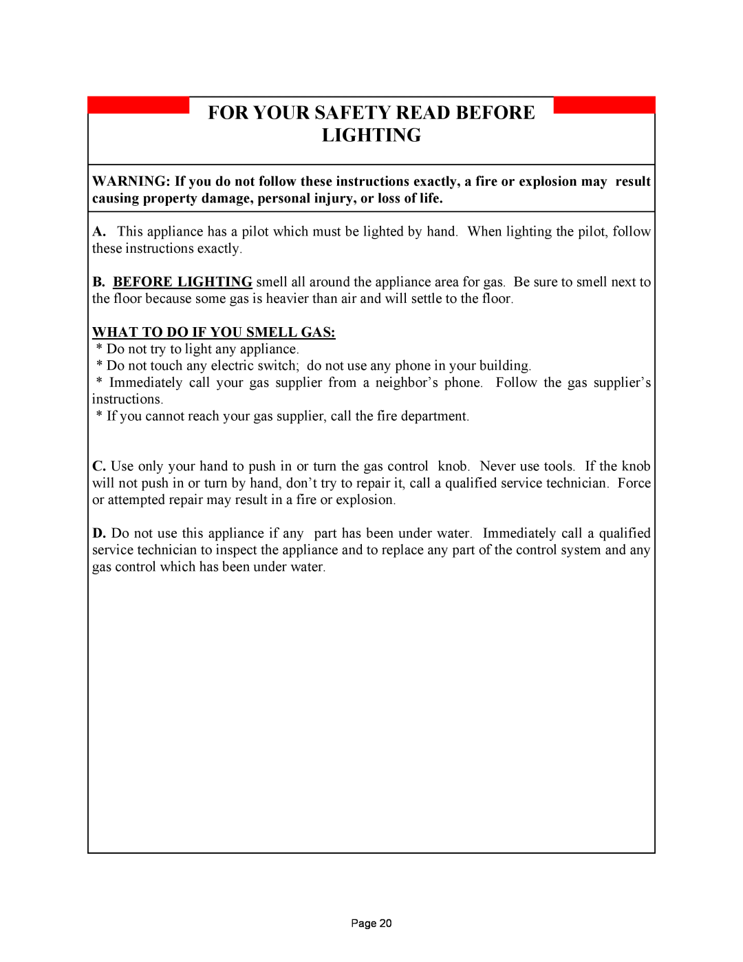 New Buck Corporation DV1000 manual For Your Safety Read Before Lighting, What To Do If You Smell Gas 