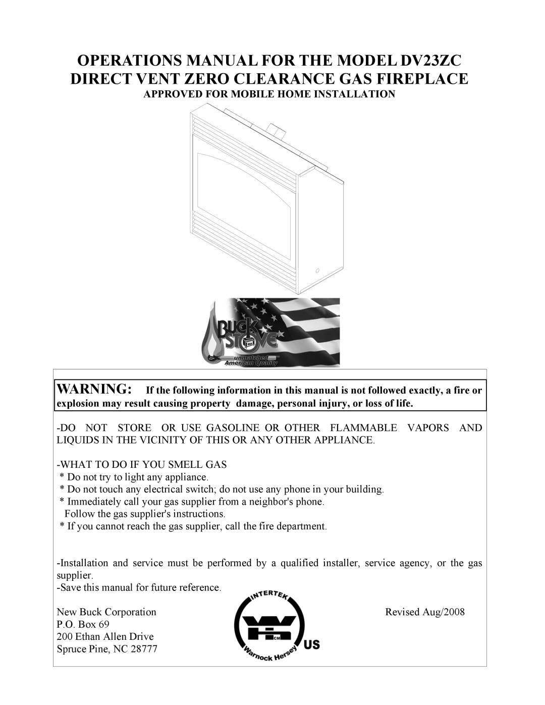 New Buck Corporation DV23ZC manual Approved for Mobile Home Installation 