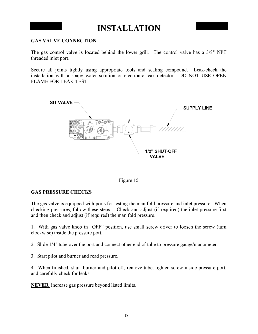 New Buck Corporation DV23ZC manual GAS Valve Connection, GAS Pressure Checks 