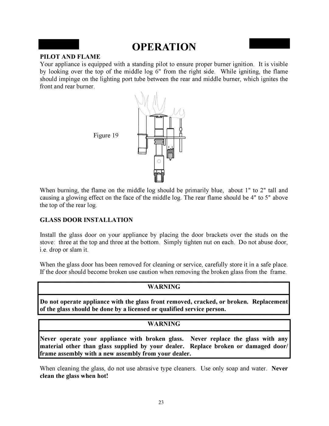 New Buck Corporation DV23ZC manual Pilot and Flame, Glass Door Installation 