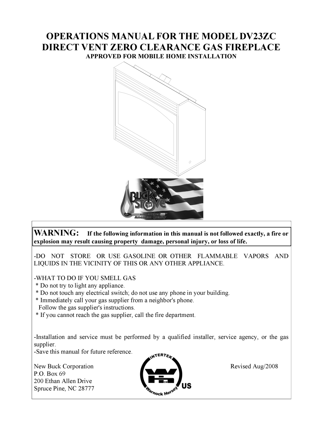 New Buck Corporation DV23ZC manual Approved For Mobile Home Installation 