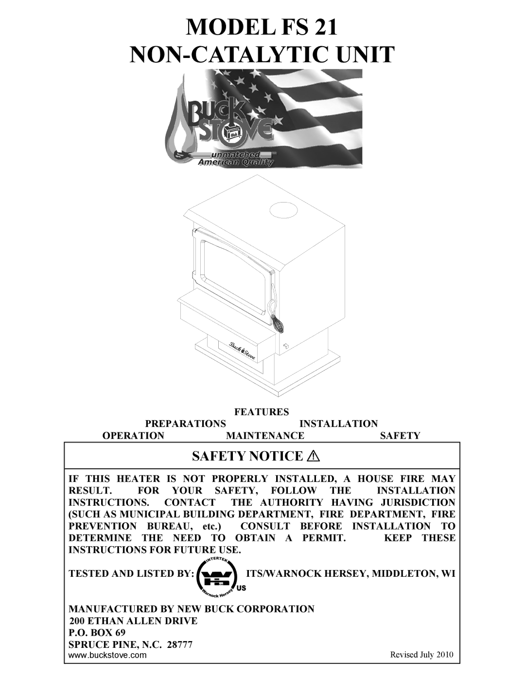 New Buck Corporation FS 21 installation instructions Model FS NON-CATALYTIC Unit 