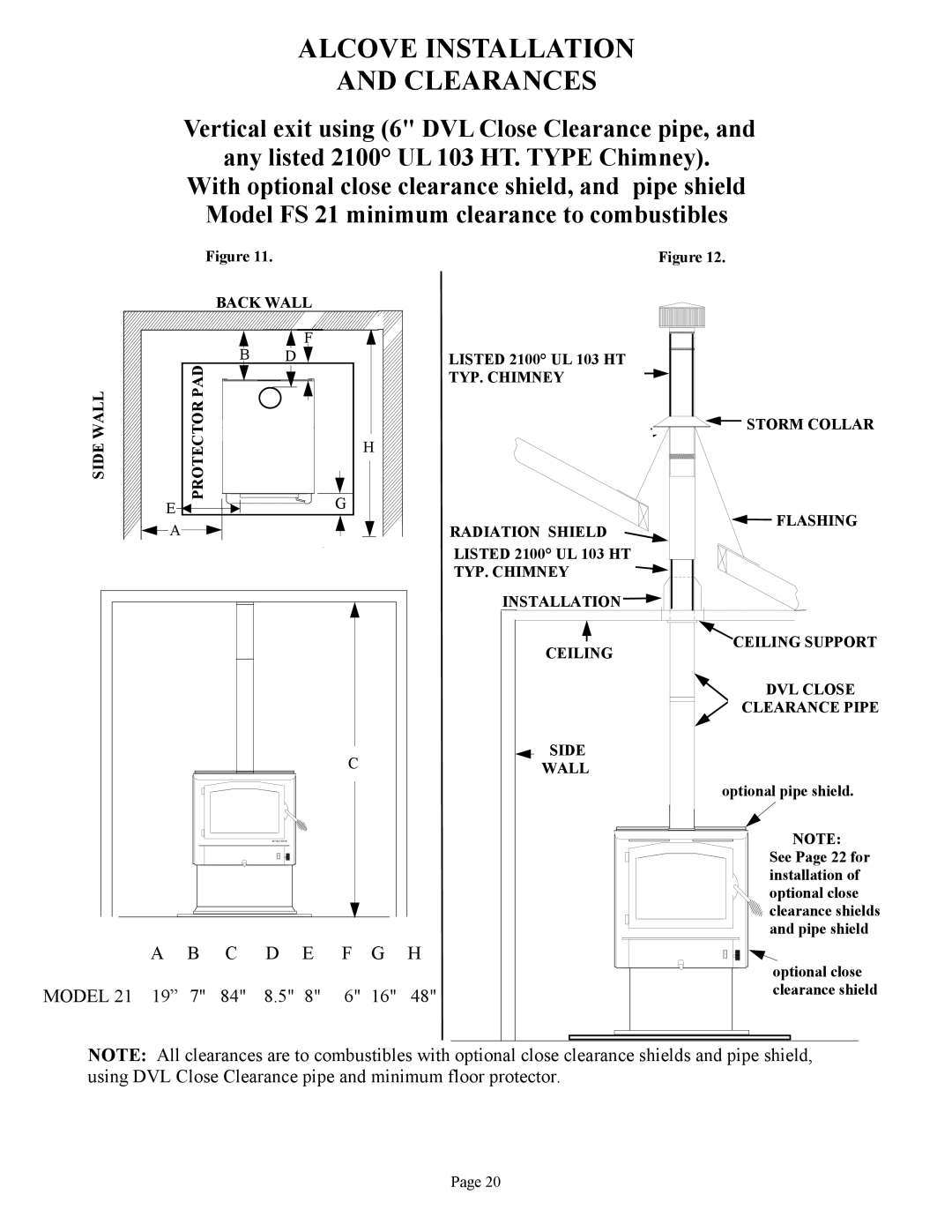 New Buck Corporation FS 21 installation instructions Alcove Installation Clearances 