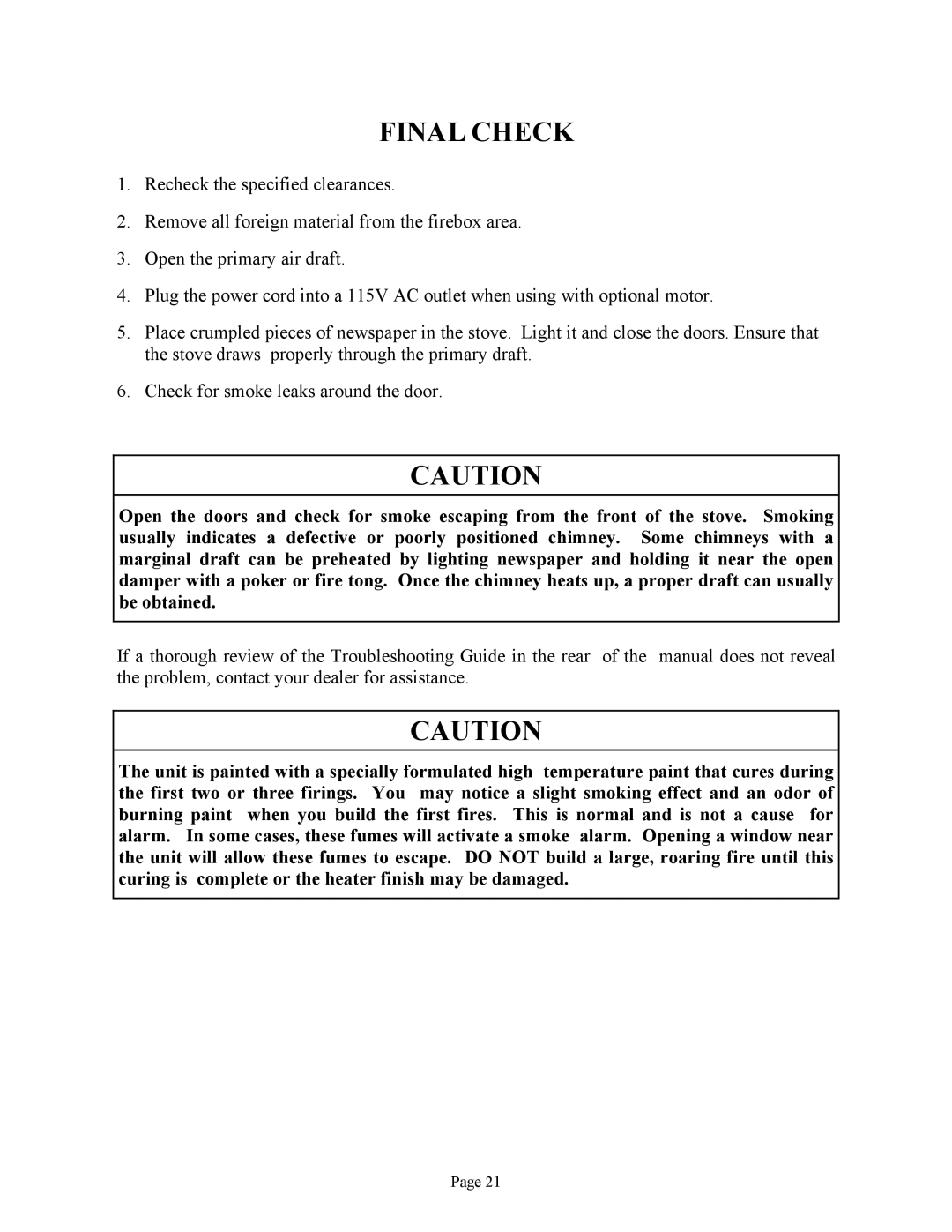 New Buck Corporation FS 21 installation instructions Final Check 