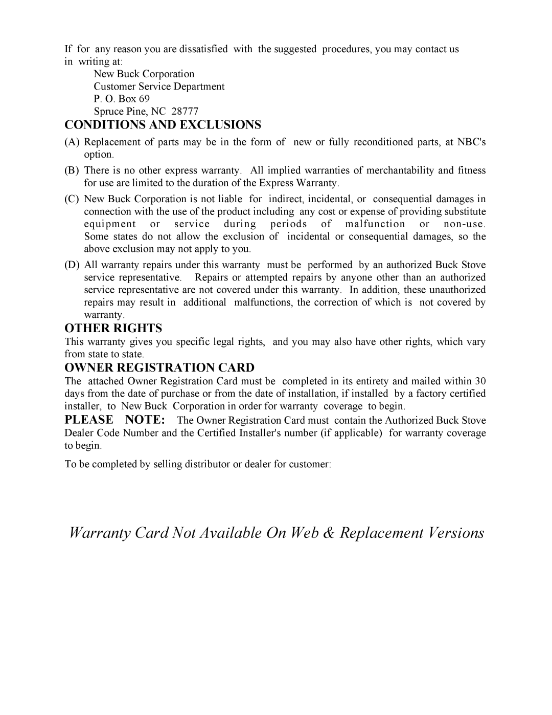 New Buck Corporation FS 21 installation instructions Conditions and Exclusions, Other Rights, Owner Registration Card 