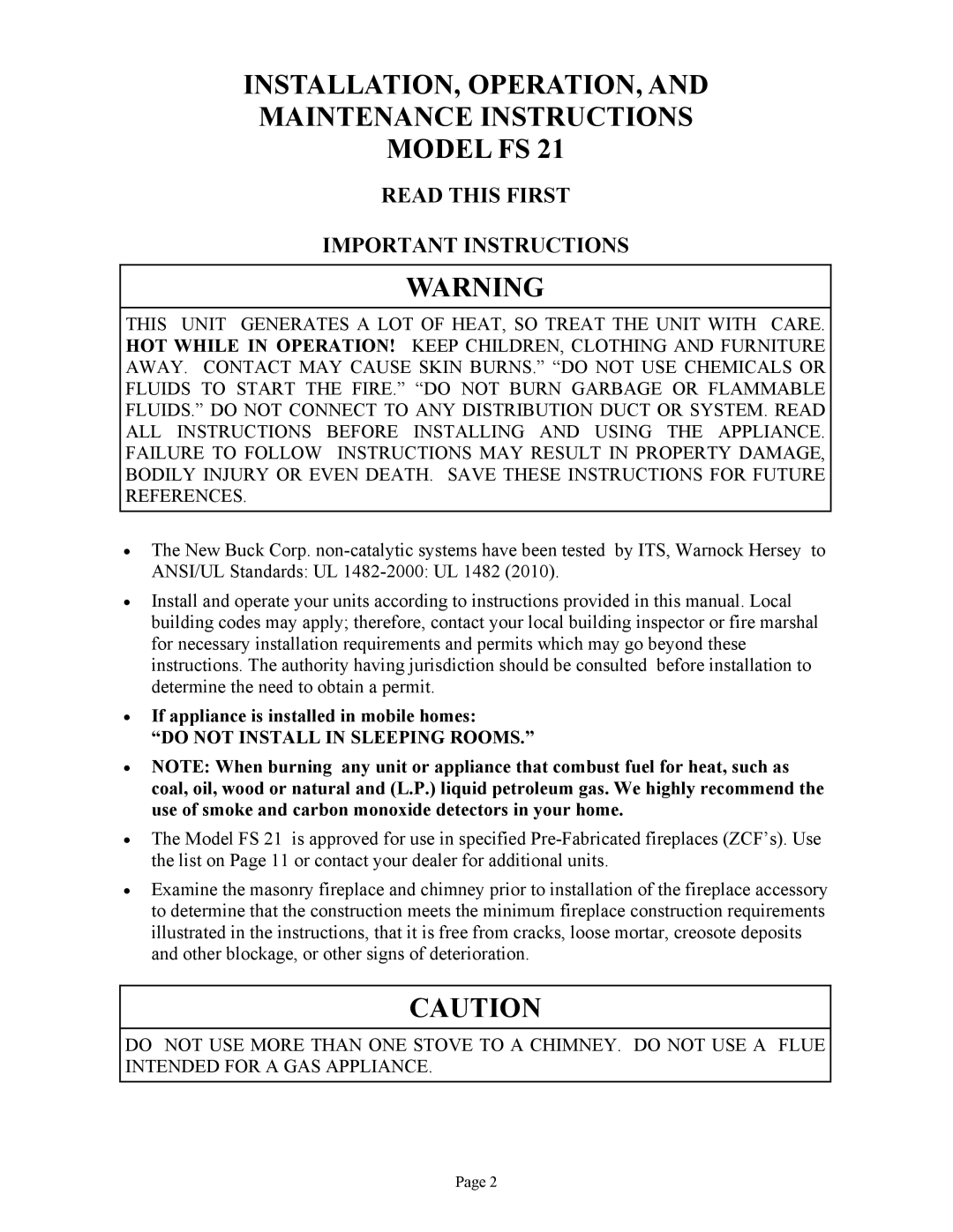 New Buck Corporation FS 21 installation instructions INSTALLATION, OPERATION, Maintenance Instructions Model FS 