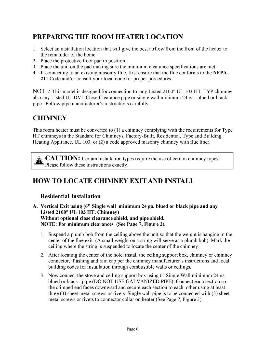 New Buck Corporation FS 21 installation instructions Preparing the Room Heater Location 