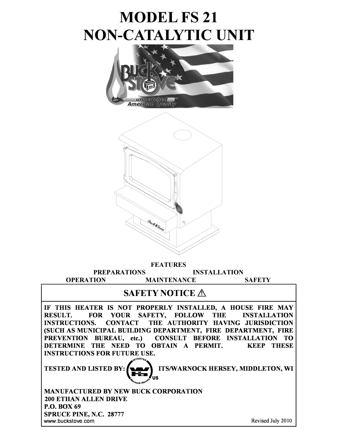 New Buck Corporation FS 21 installation instructions Model Fs Non-Catalyticunit, Safety Notice 