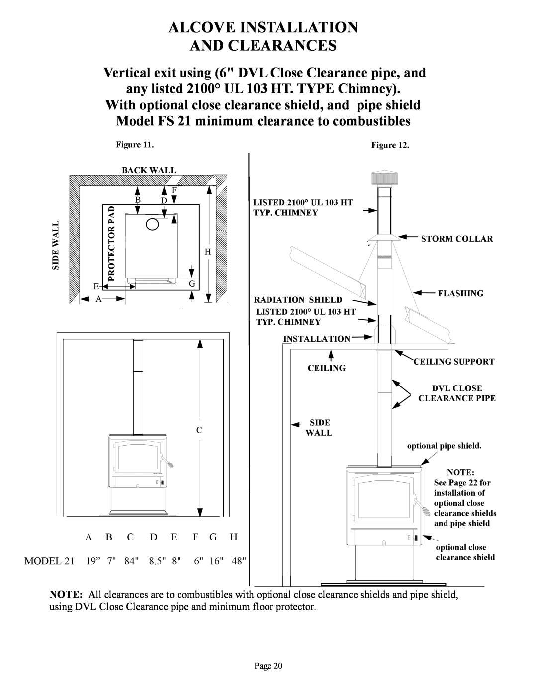 New Buck Corporation FS 21 installation instructions Alcove Installation And Clearances, Model, F G H 6 16 