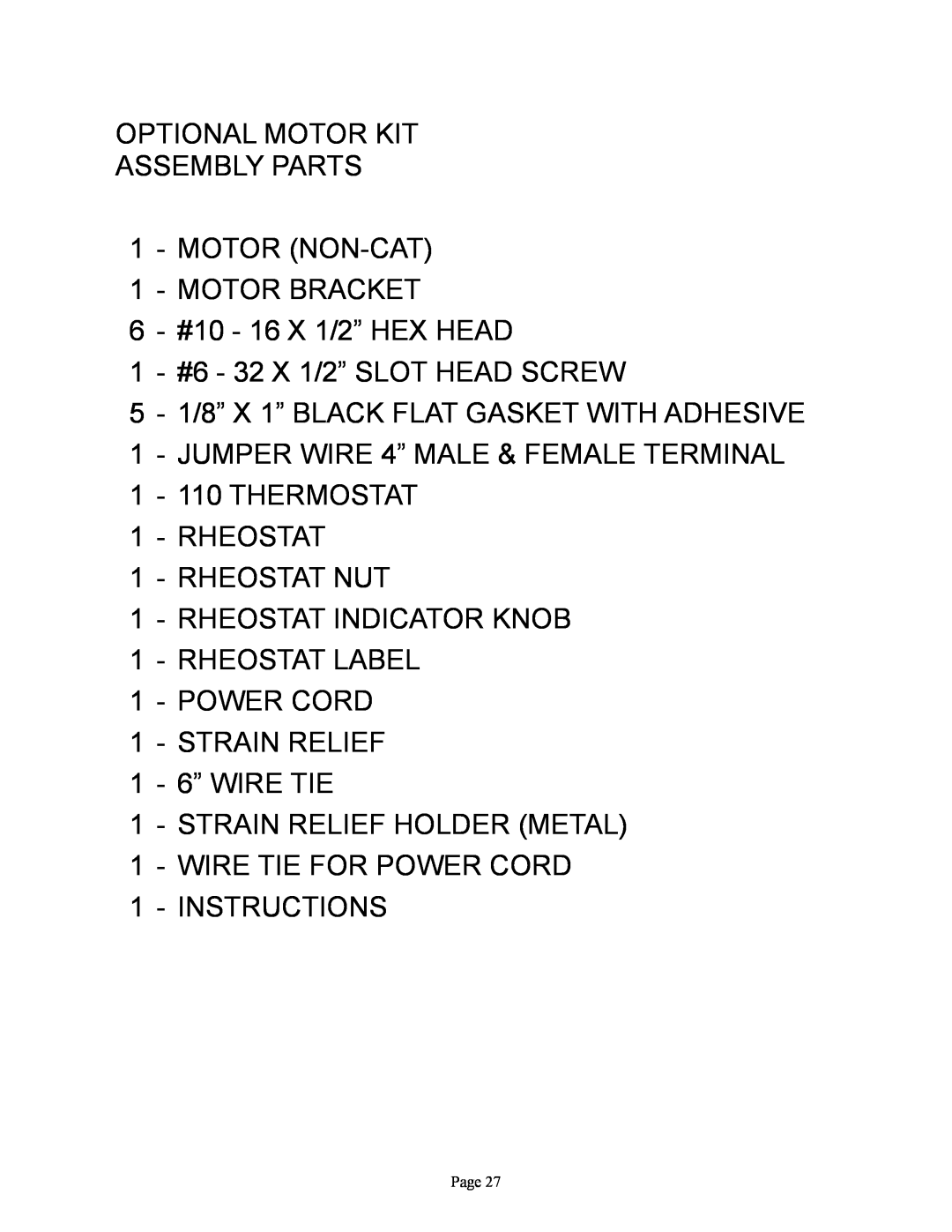 New Buck Corporation FS 21 installation instructions Optional Motor Kit Assembly Parts 