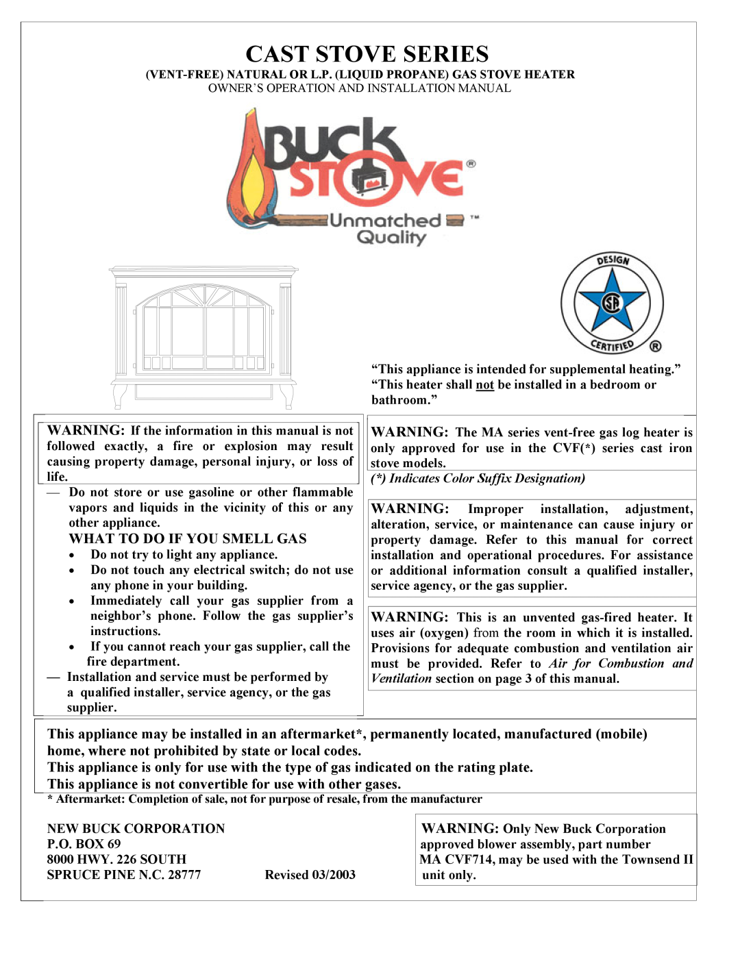 New Buck Corporation GAS STOVE HEATER installation manual 