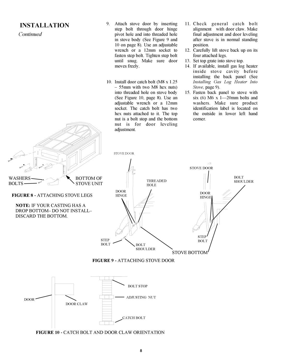 New Buck Corporation GAS STOVE HEATER installation manual Continued, Install door catch bolt M8 