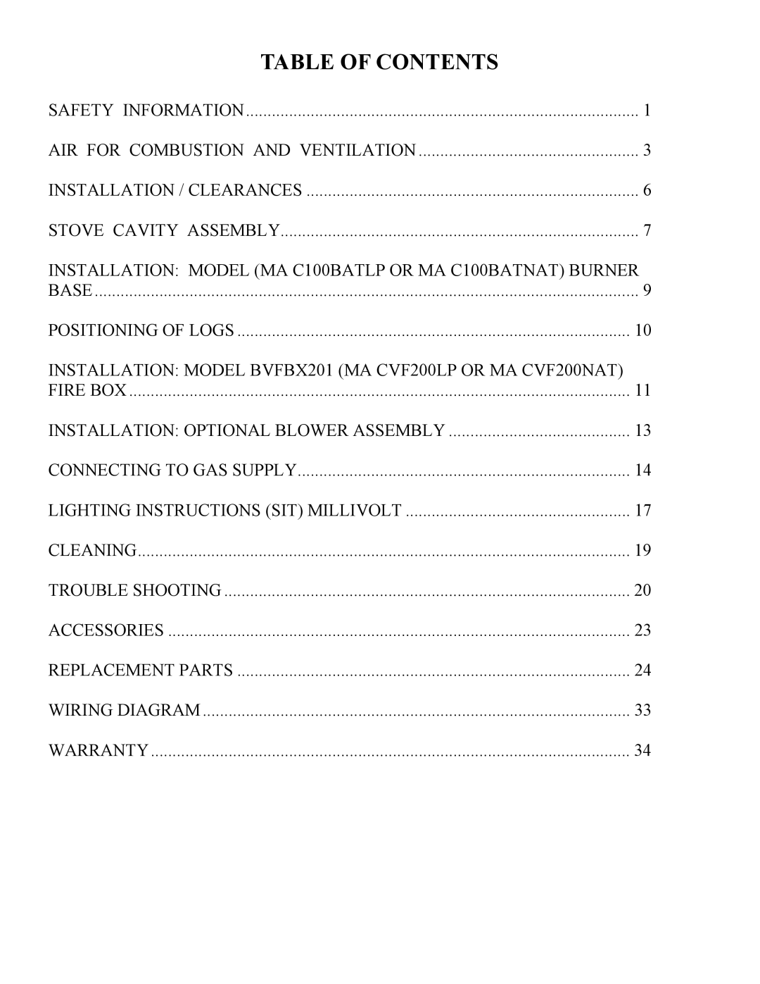 New Buck Corporation GAS STOVE HEATER installation manual Table Of Contents 