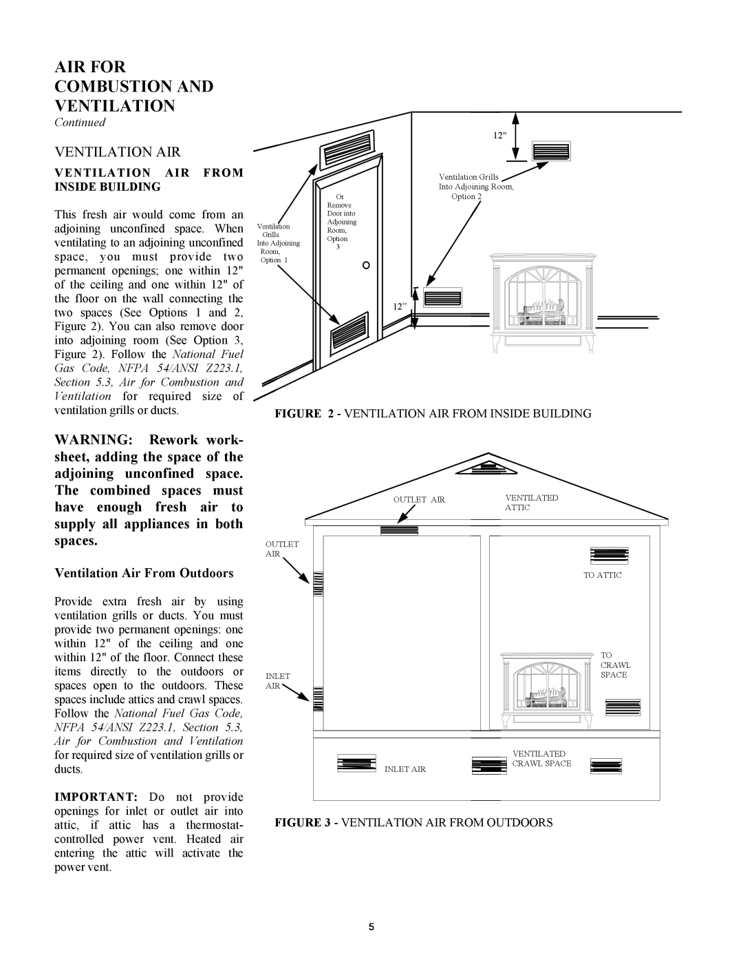 New Buck Corporation GAS STOVE HEATER installation manual Ventilation Air From Outdoors, Continued 
