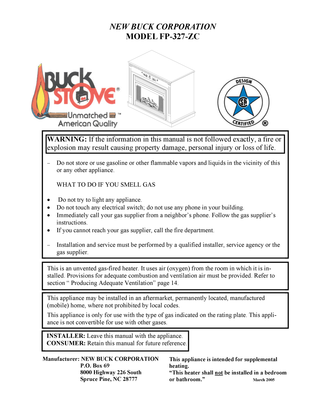 New Buck Corporation MODEL FP-327-ZC manual New Buck Corporation, Manufacturer NEW BUCK CORPORATION P.O. Box 