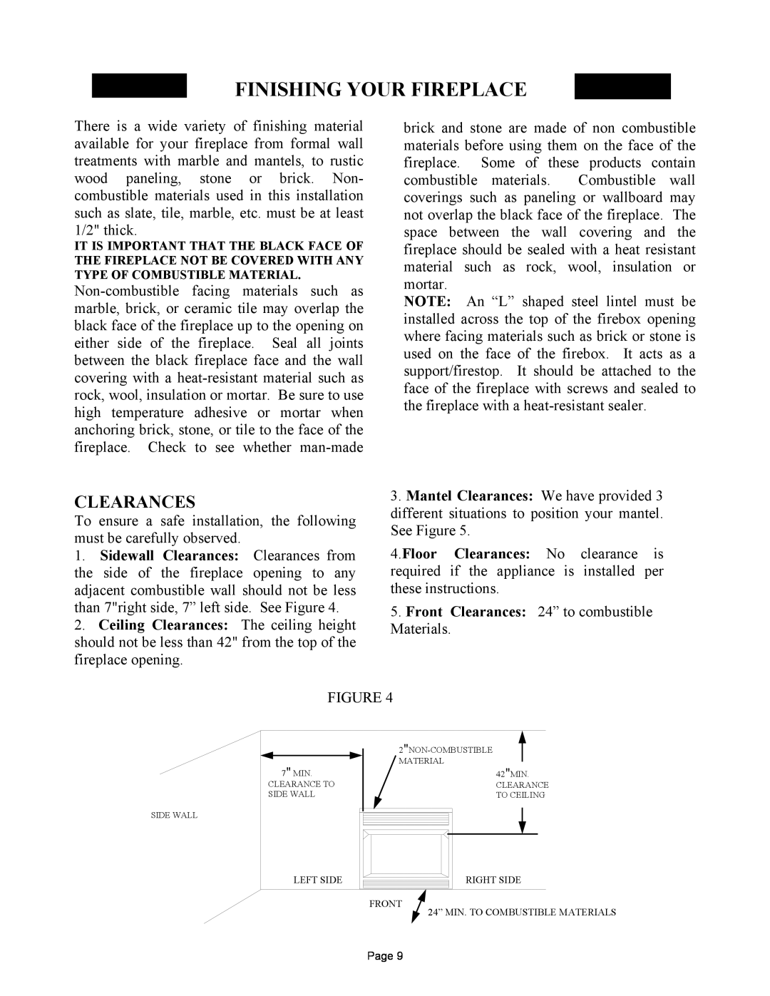 New Buck Corporation MODEL FP-327-ZC manual Finishing Your Fireplace, Clearances 