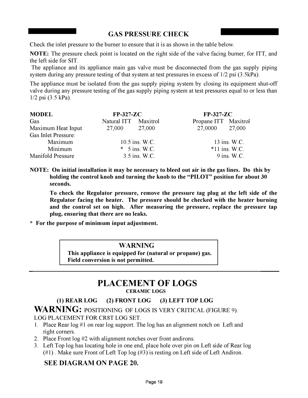 New Buck Corporation MODEL FP-327-ZC manual Placement Of Logs, Gas Pressure Check, See Diagram On Page 