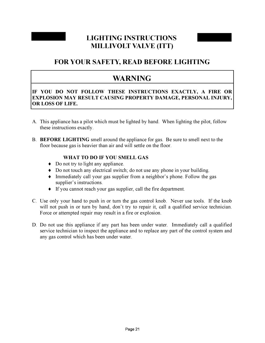New Buck Corporation MODEL FP-327-ZC Lighting Instructions Millivolt Valve Itt, For Your Safety, Read Before Lighting 